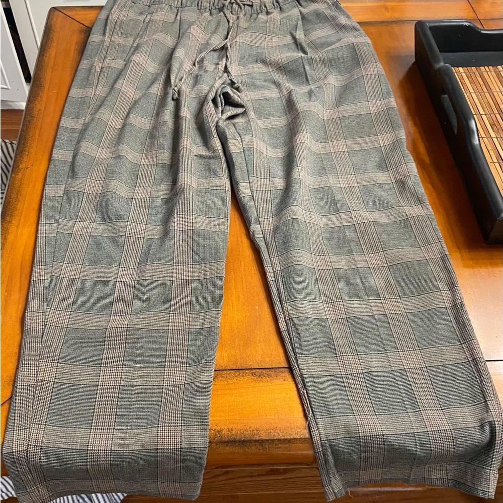 Plaid Drawstring Trousers in Olive and Brown